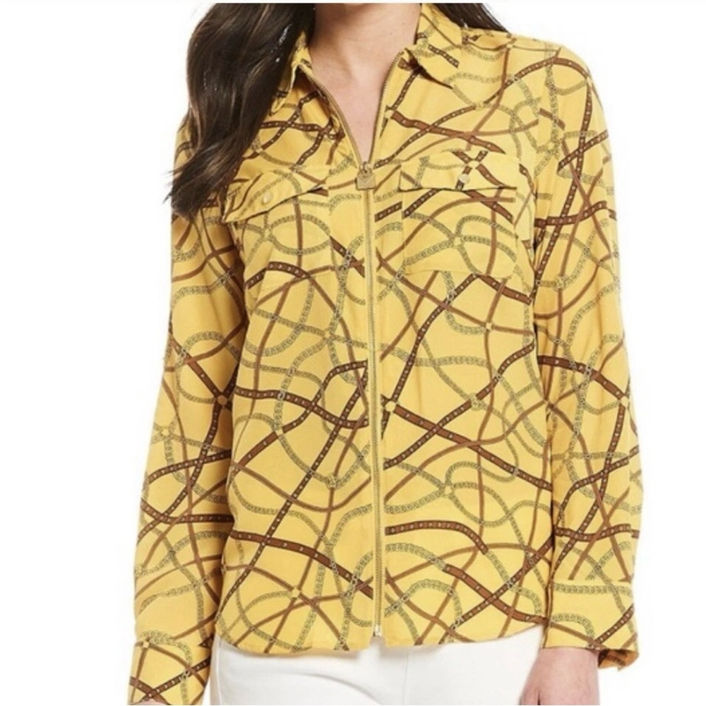 Michael Kors Equestrian Blouse Shirt Zip Front Yellow Gold brown L Chain Print